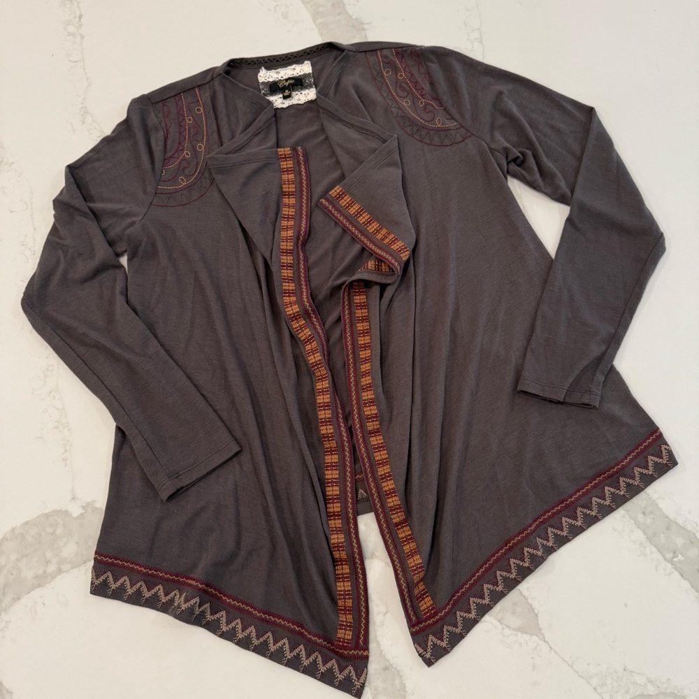 Anthropologie Cupio Drapey Open Front Aztec Embroidered Cardigan Women’s Medium